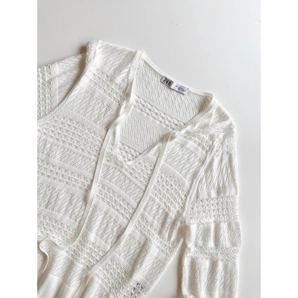 ZARA White Sheer Pointelle Knit Split V-Neck Tunic Top Cover-Up, Size M - Picture 6 of 14
